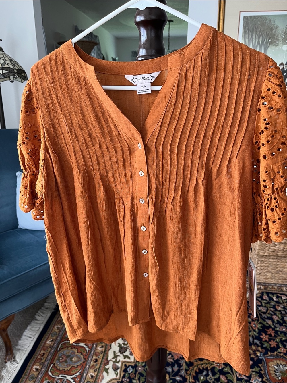 Nannette Rust Orange Pintuck Button-Front Blouse NWT